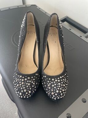Celeste Black Crystal-Embellished Round-Toe Pumps